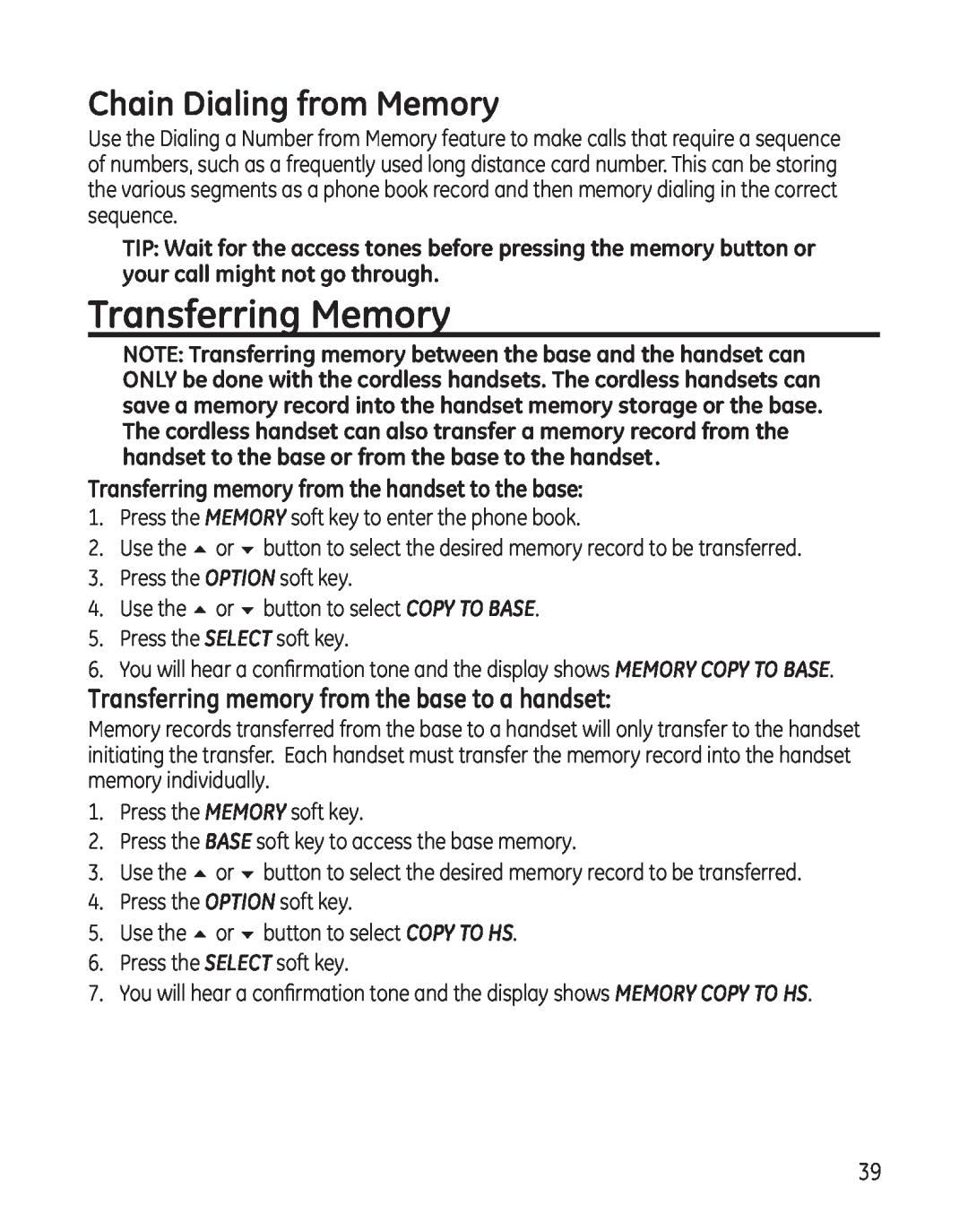 GE 25865 manual Transferring Memory, Chain Dialing from Memory, Transferring memory from the base to a handset 