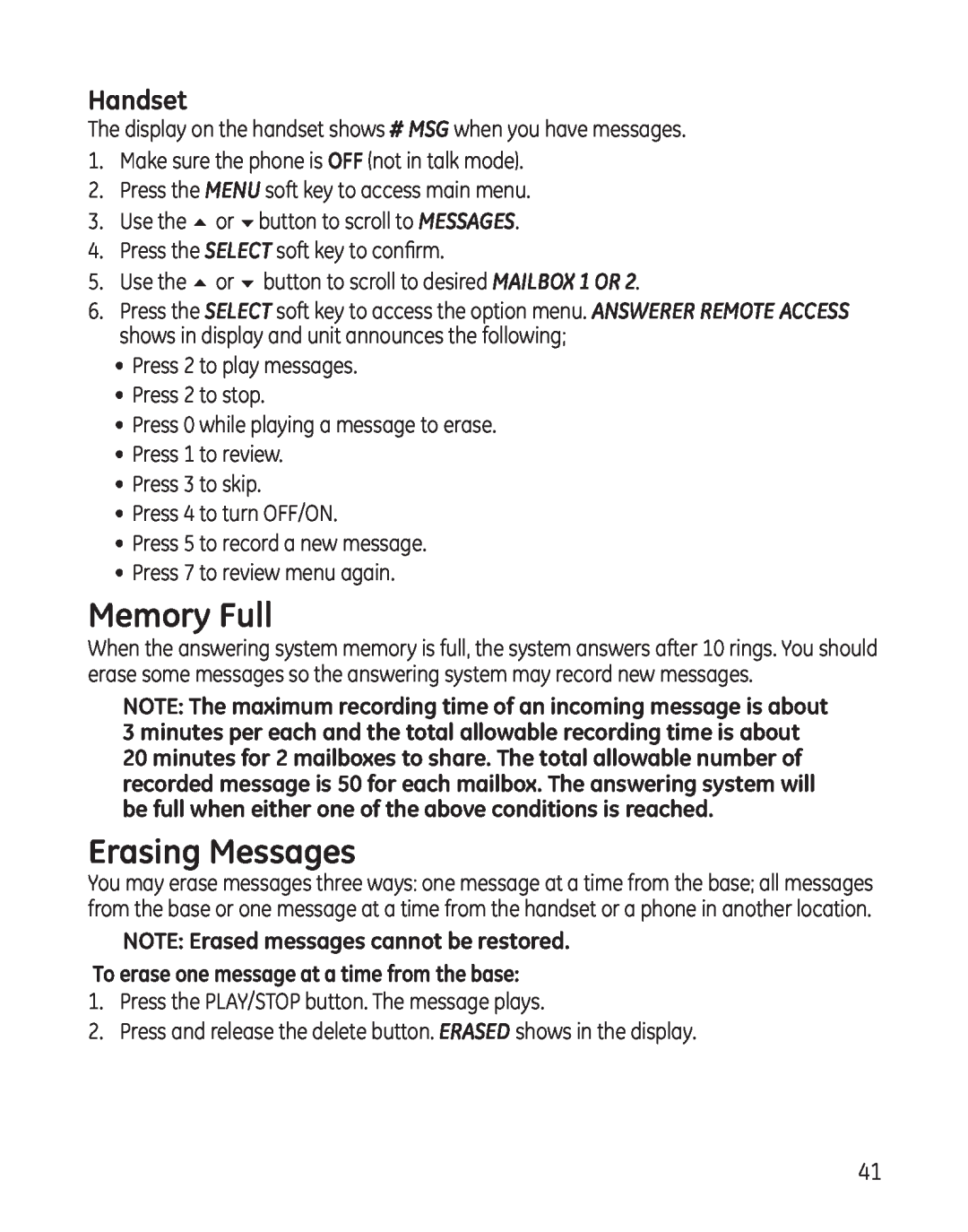 GE 25865 manual Memory Full, Erasing Messages, Handset, NOTE Erased messages cannot be restored 