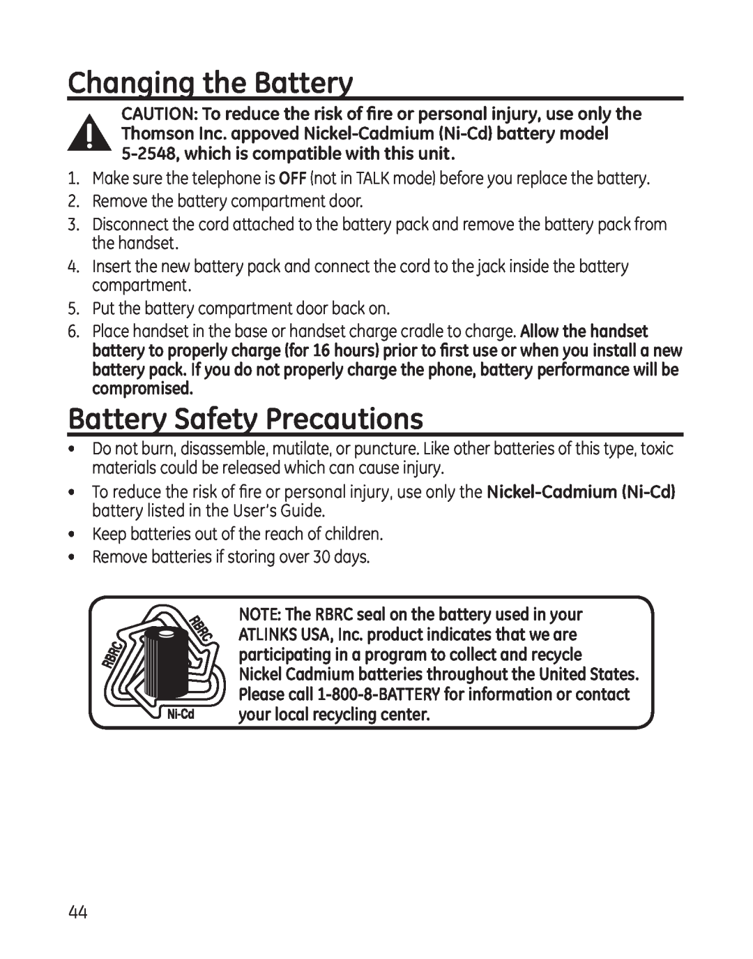 GE 25865 manual Changing the Battery, Battery Safety Precautions 