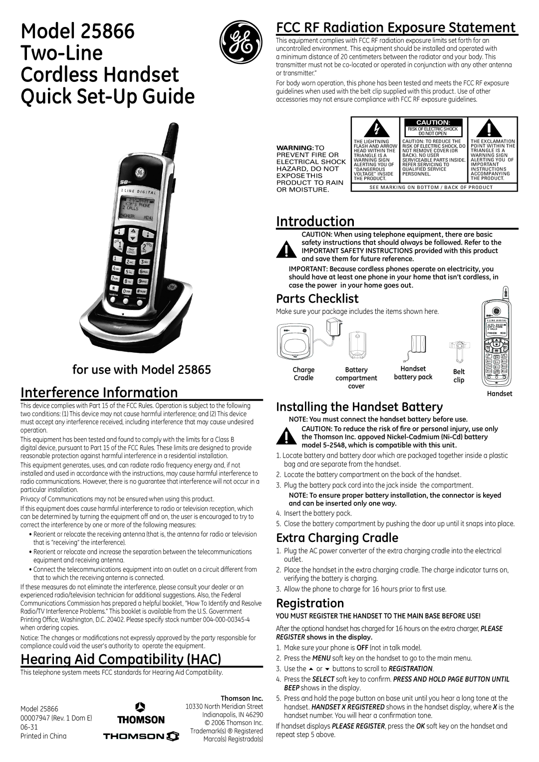 GE 25866 setup guide Interference Information, Hearing Aid Compatibility HAC, Introduction 