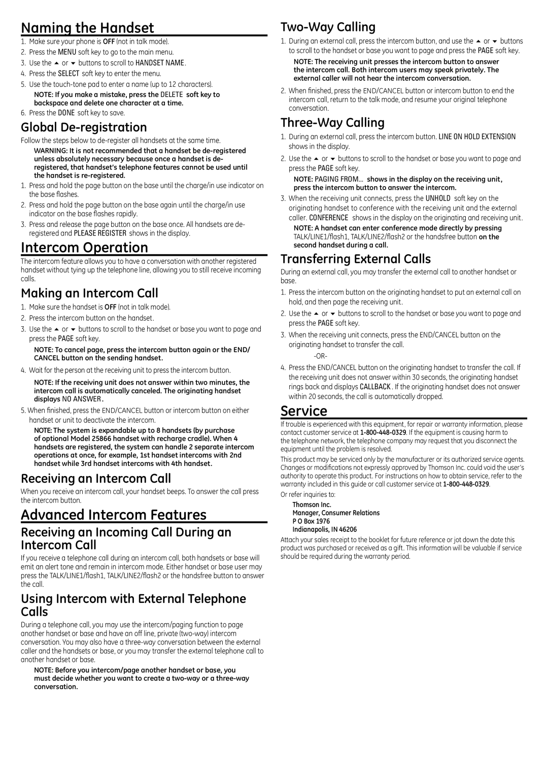 GE 25866 setup guide Naming the Handset, Intercom Operation, Advanced Intercom Features, Service 