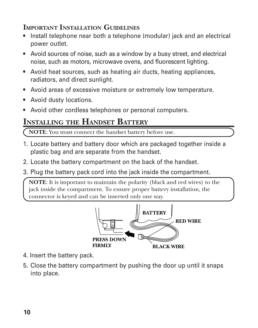 GE 25880, 00004228 manual Installing the Handset Battery 