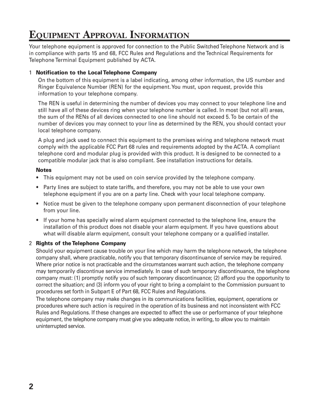 GE 25880, 00004228 manual Equipment Approval Information, Notification to the Local Telephone Company 