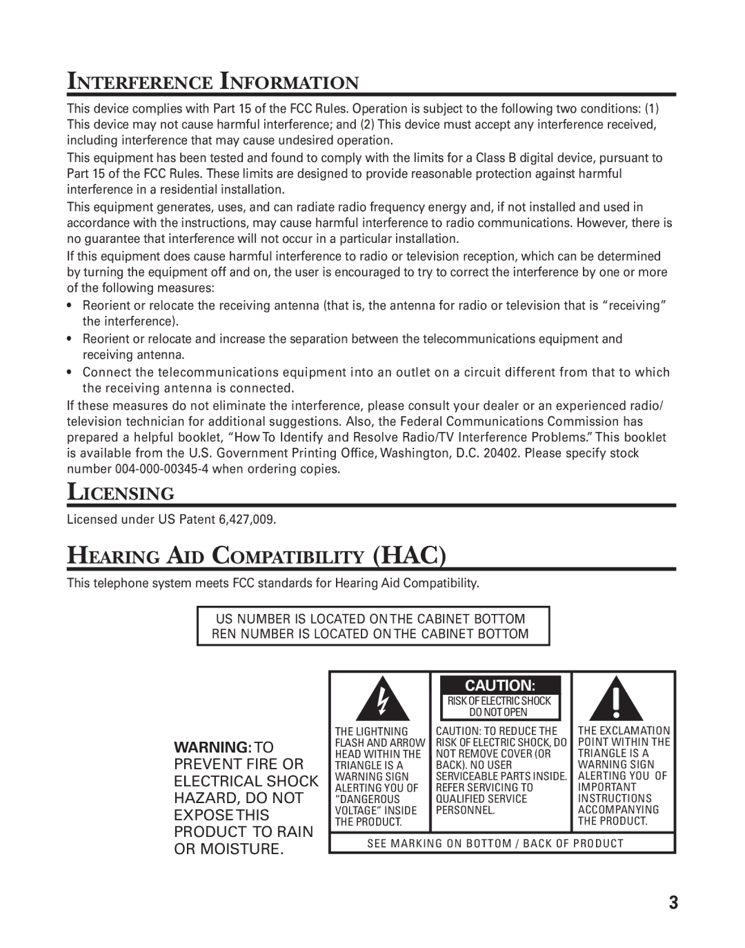 GE 00004228, 25880 manual Interference Information, Licensing, Hearing AID Compatibility HAC 