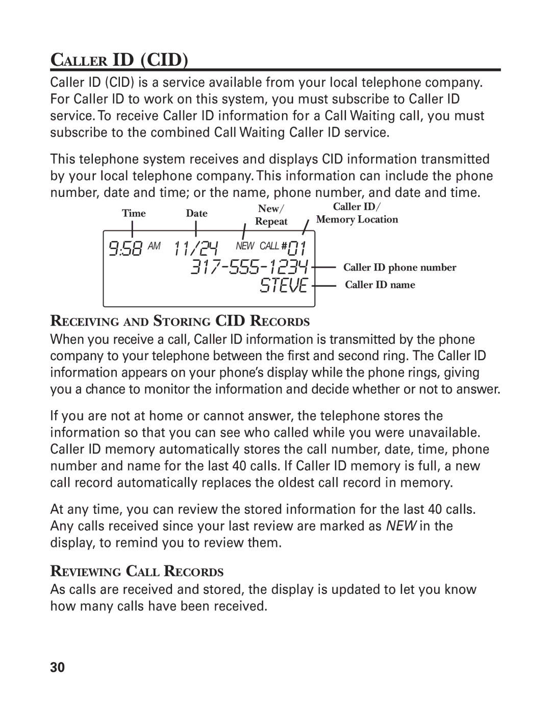 GE 25880, 00004228 manual Caller ID CID 