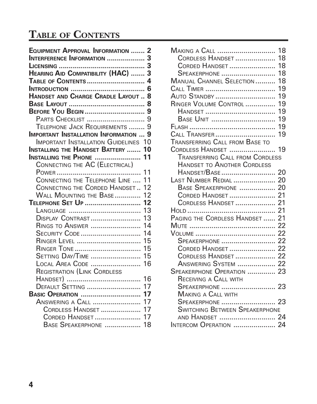 GE 25880, 00004228 manual Table of Contents 