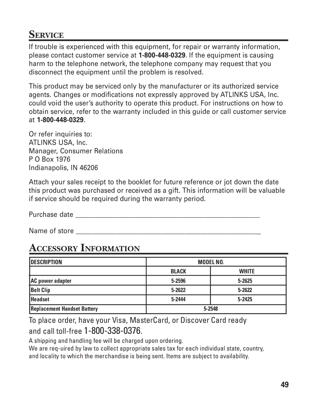 GE 00004228, 25880 manual Service, Accessory Information 