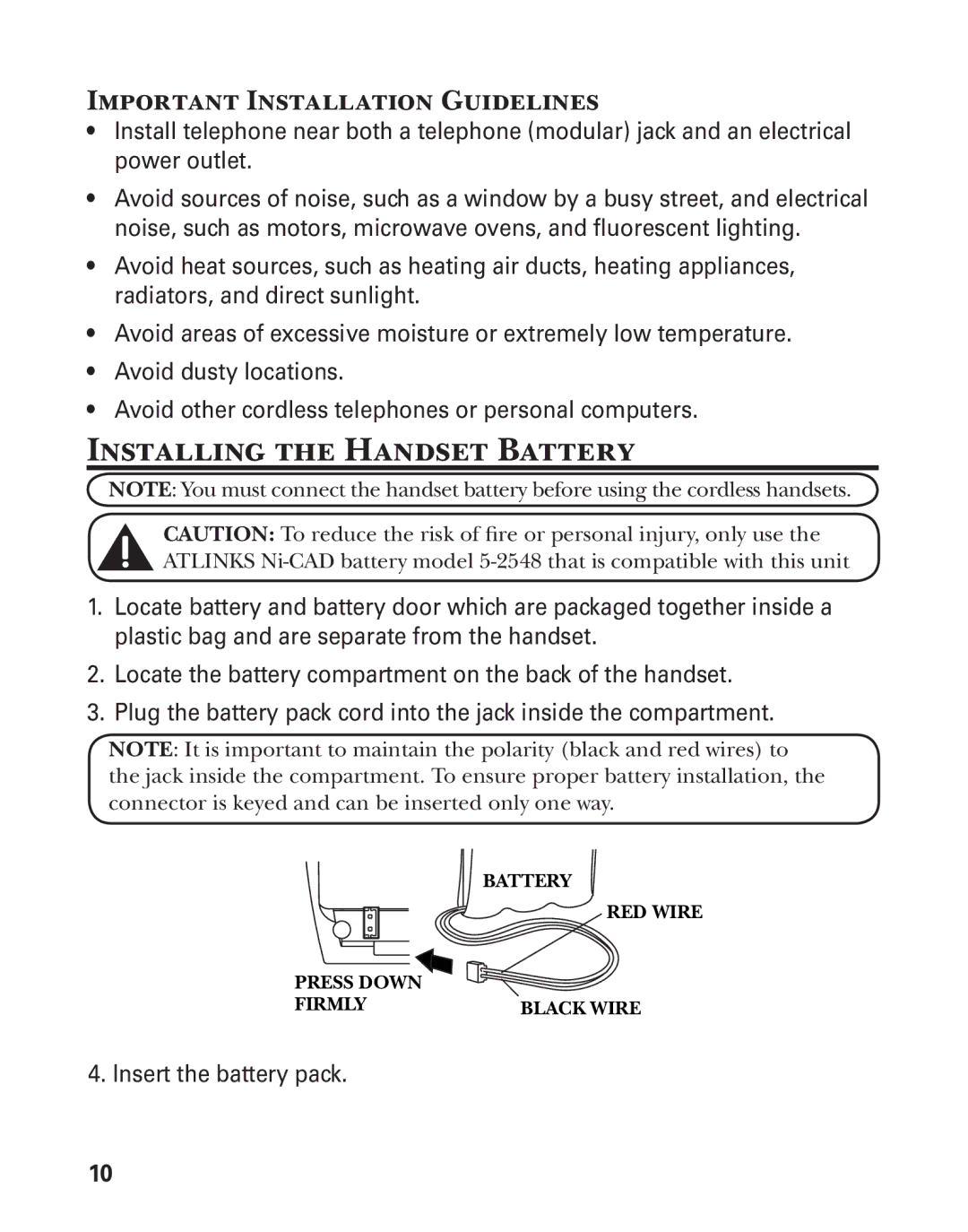 GE 25880 manual Installing the Handset Battery, Important Installation Guidelines 