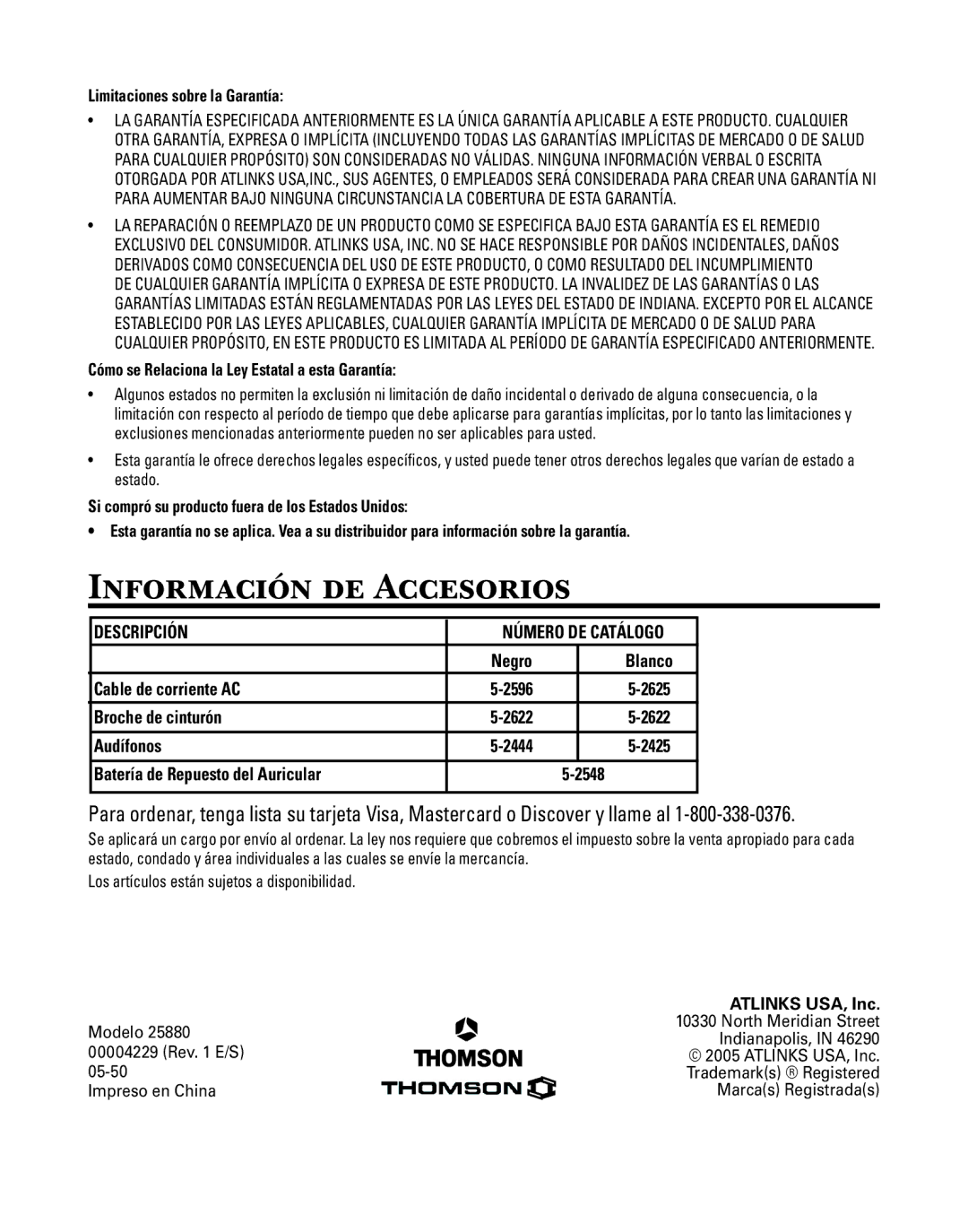 GE 25880 manual Información de Accesorios 