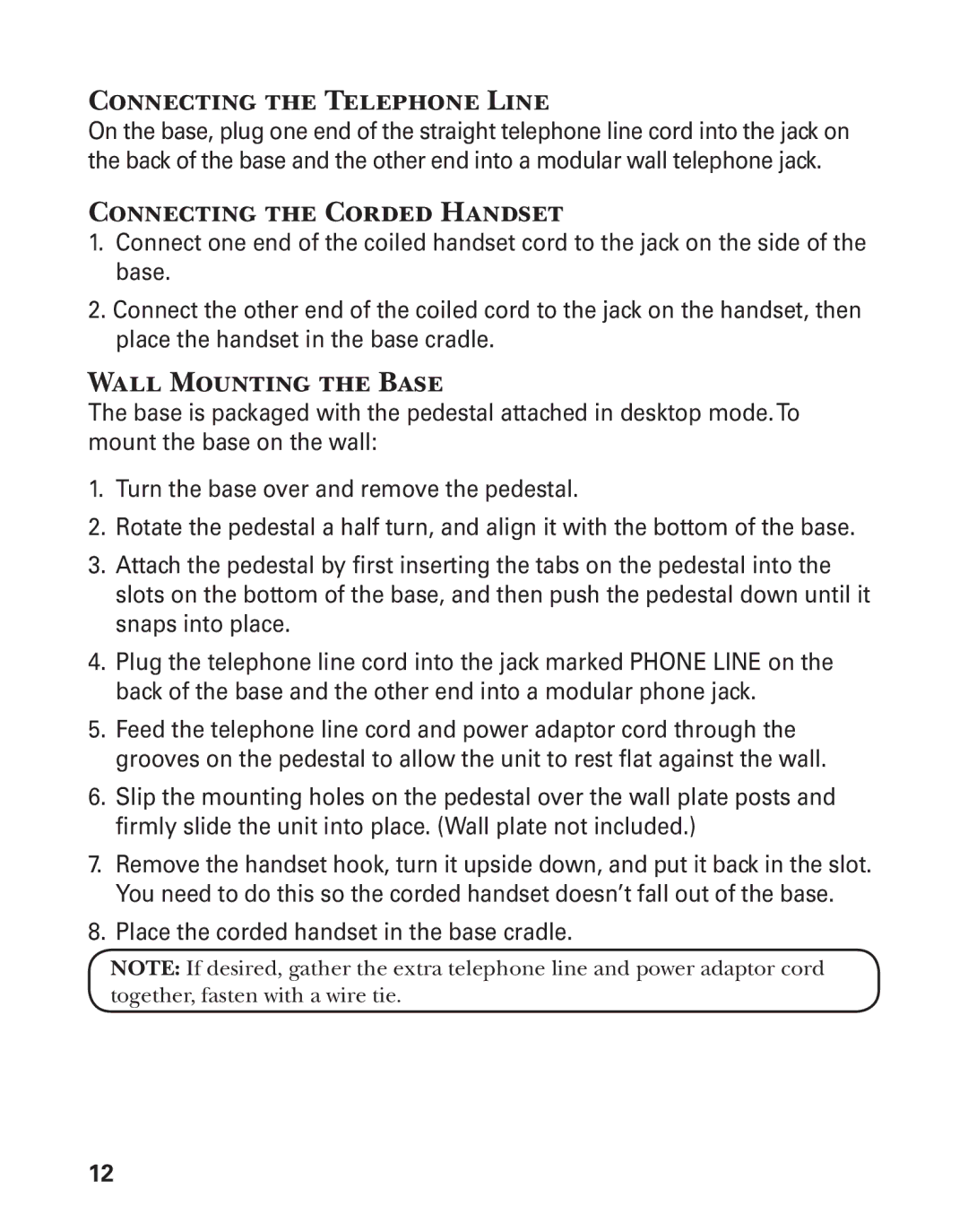 GE 25880 manual Connecting the Telephone Line, Connecting the Corded Handset, Wall Mounting the Base 