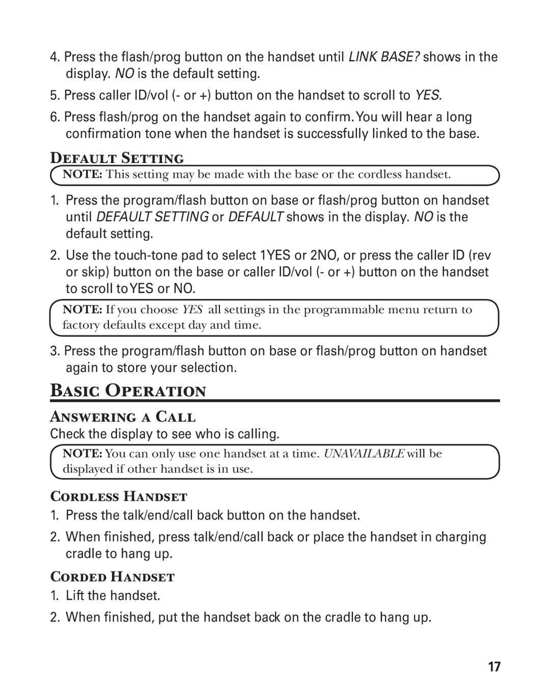 GE 25880 manual Basic Operation, Default Setting, Answering a Call, Cordless Handset, Corded Handset 