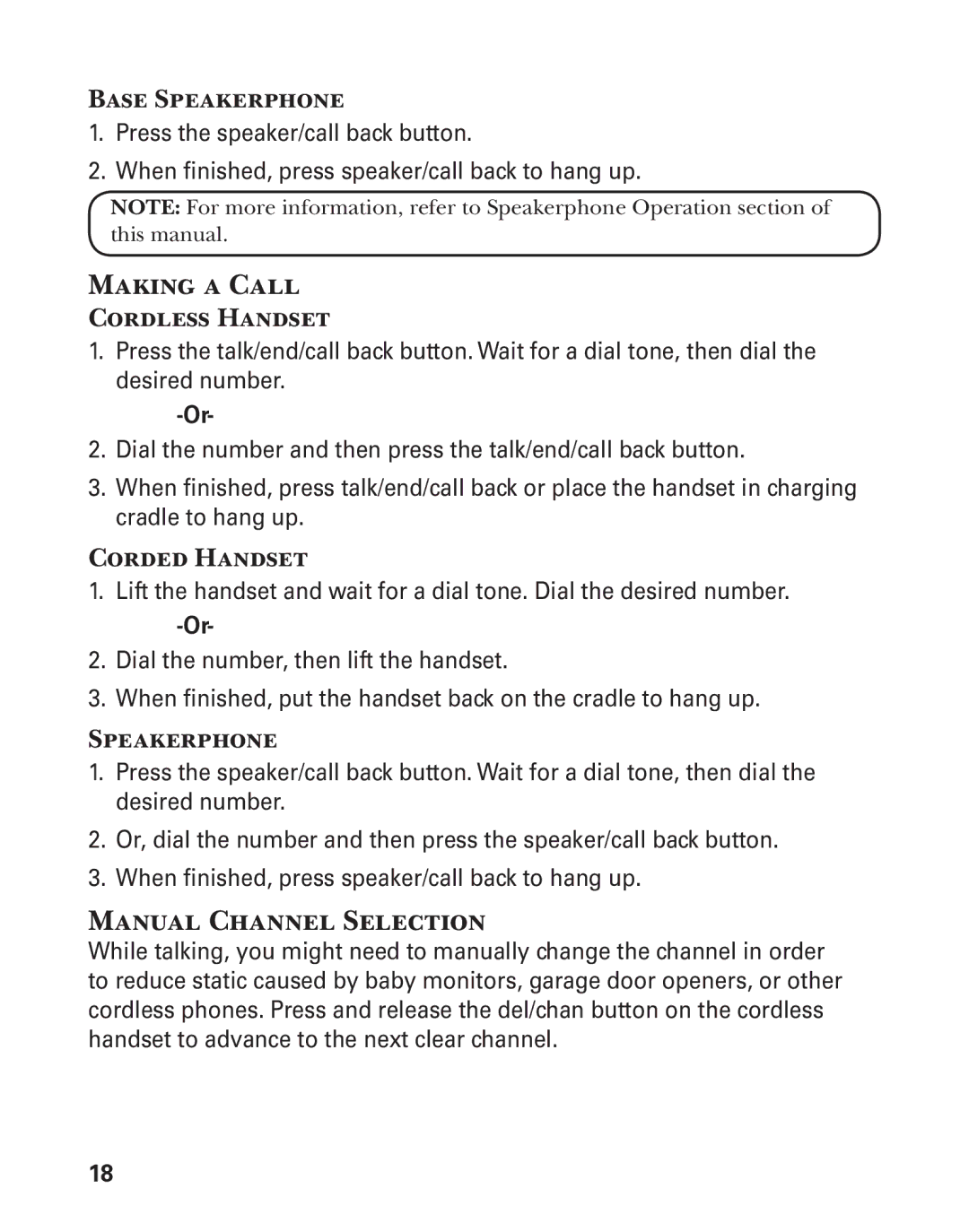 GE 25880 manual Making a Call, Manual Channel Selection, Base Speakerphone 