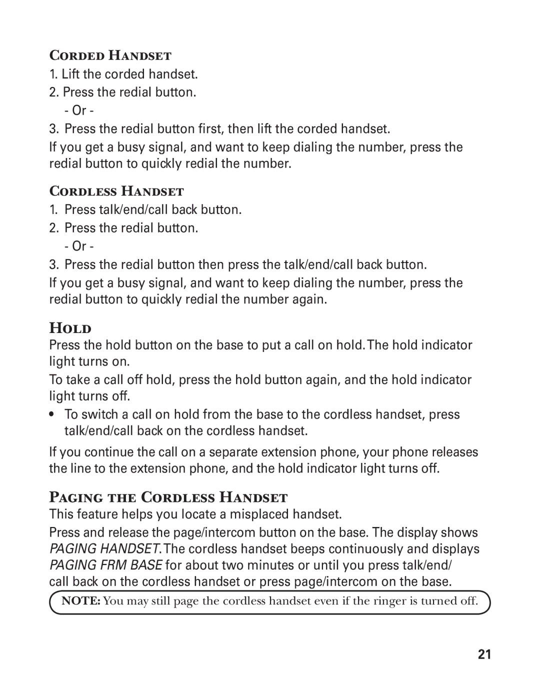 GE 25880 manual Hold, Paging the Cordless Handset 