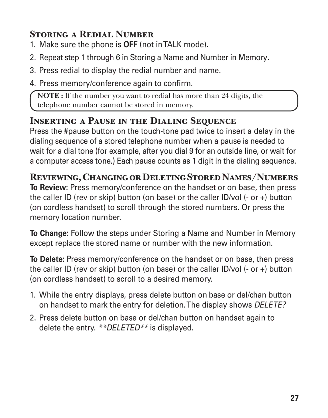 GE 25880 manual Storing a Redial Number, Inserting a Pause in the Dialing Sequence 