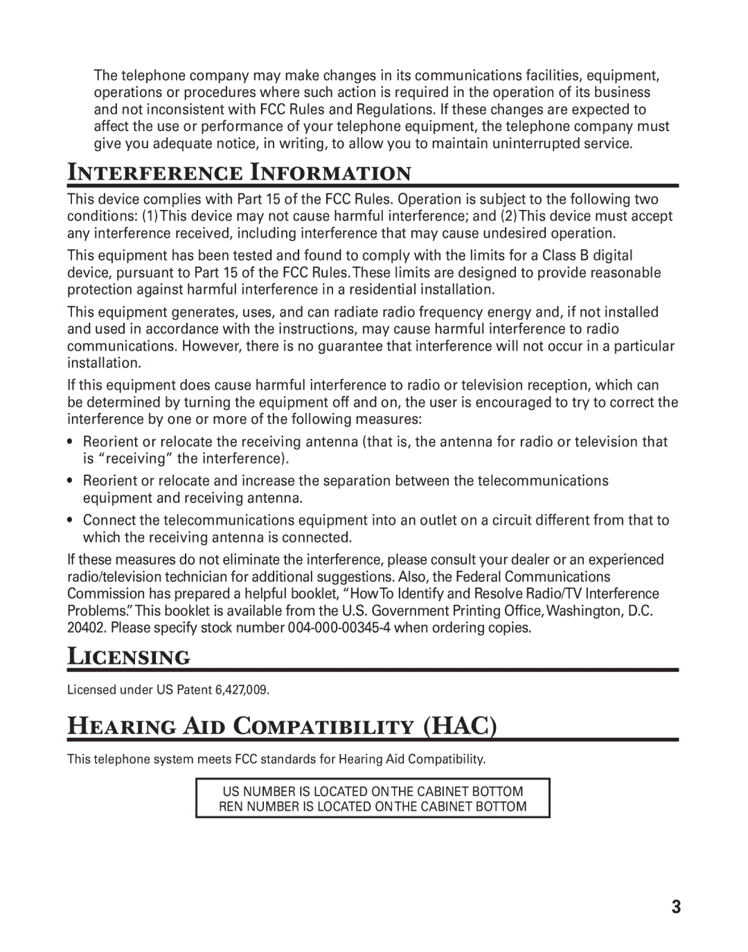 GE 25880 manual Interference Information, Licensing, Hearing Aid Compatibility HAC 