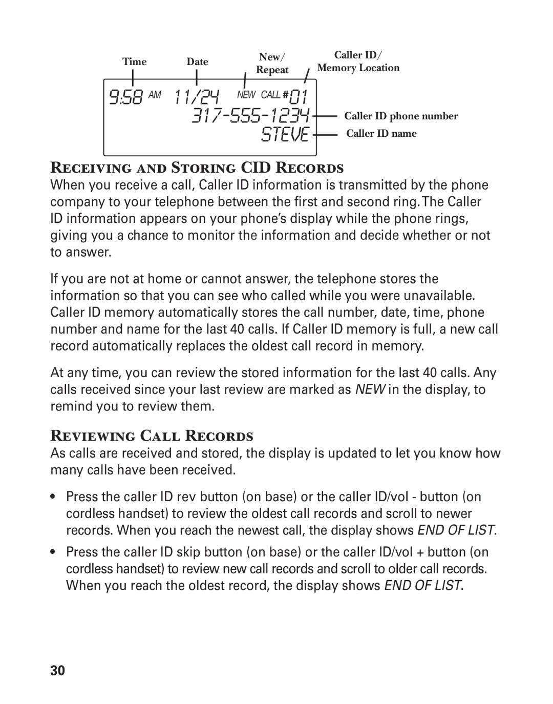 GE 25880 manual Receiving and Storing CID Records, Reviewing Call Records 