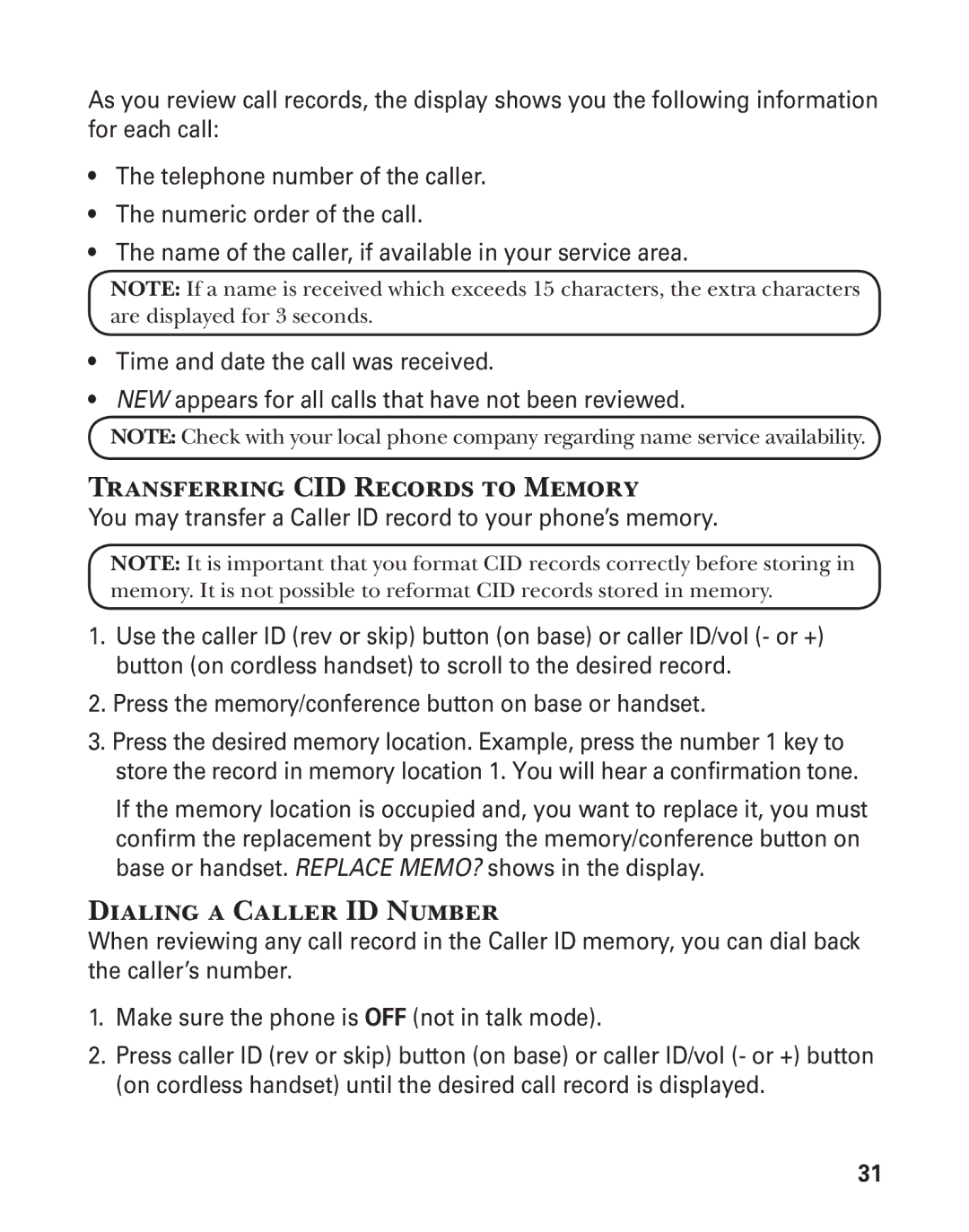 GE 25880 manual Transferring CID Records to Memory, Dialing a Caller ID Number 