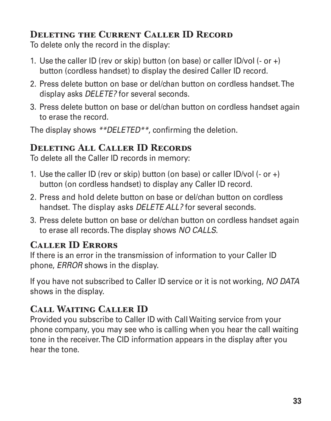 GE 25880 Deleting the Current Caller ID Record, Deleting All Caller ID Records, Caller ID Errors, Call Waiting Caller ID 