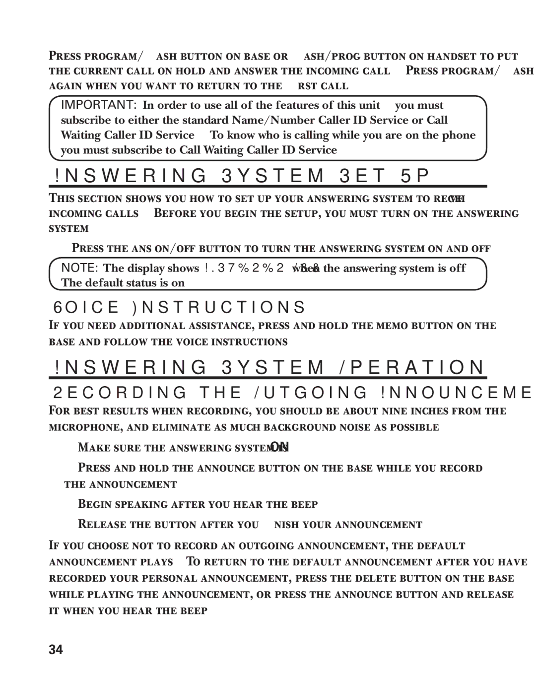 GE 25880 Answering System Set Up, Answering System Operation, Voice Instructions, Recording the Outgoing Announcement 