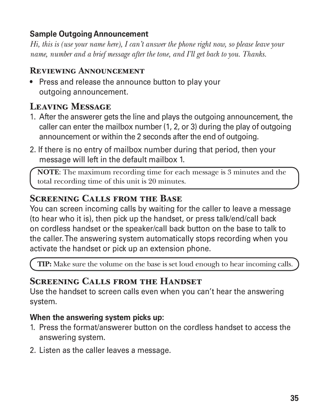 GE 25880 manual Leaving Message, Screening Calls from the Base, Screening Calls from the Handset, Reviewing Announcement 