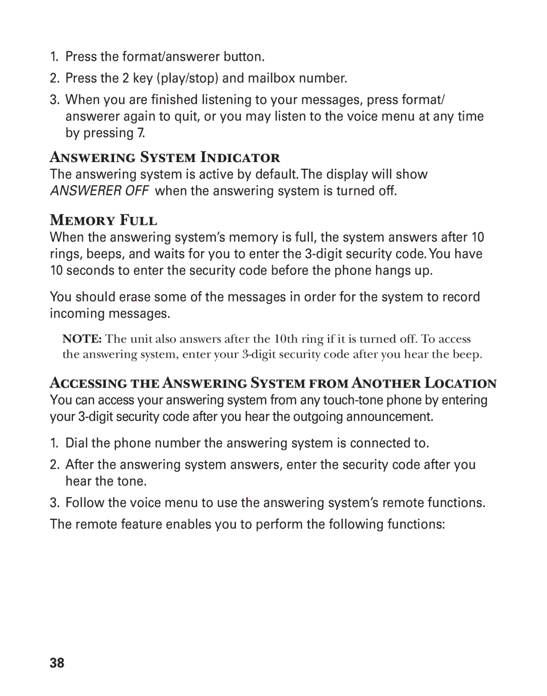 GE 25880 manual Answering System Indicator, Memory Full, Accessing the Answering System from Another Location 