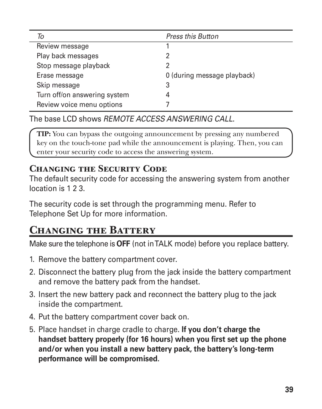 GE 25880 manual Changing the Battery, Changing the Security Code 