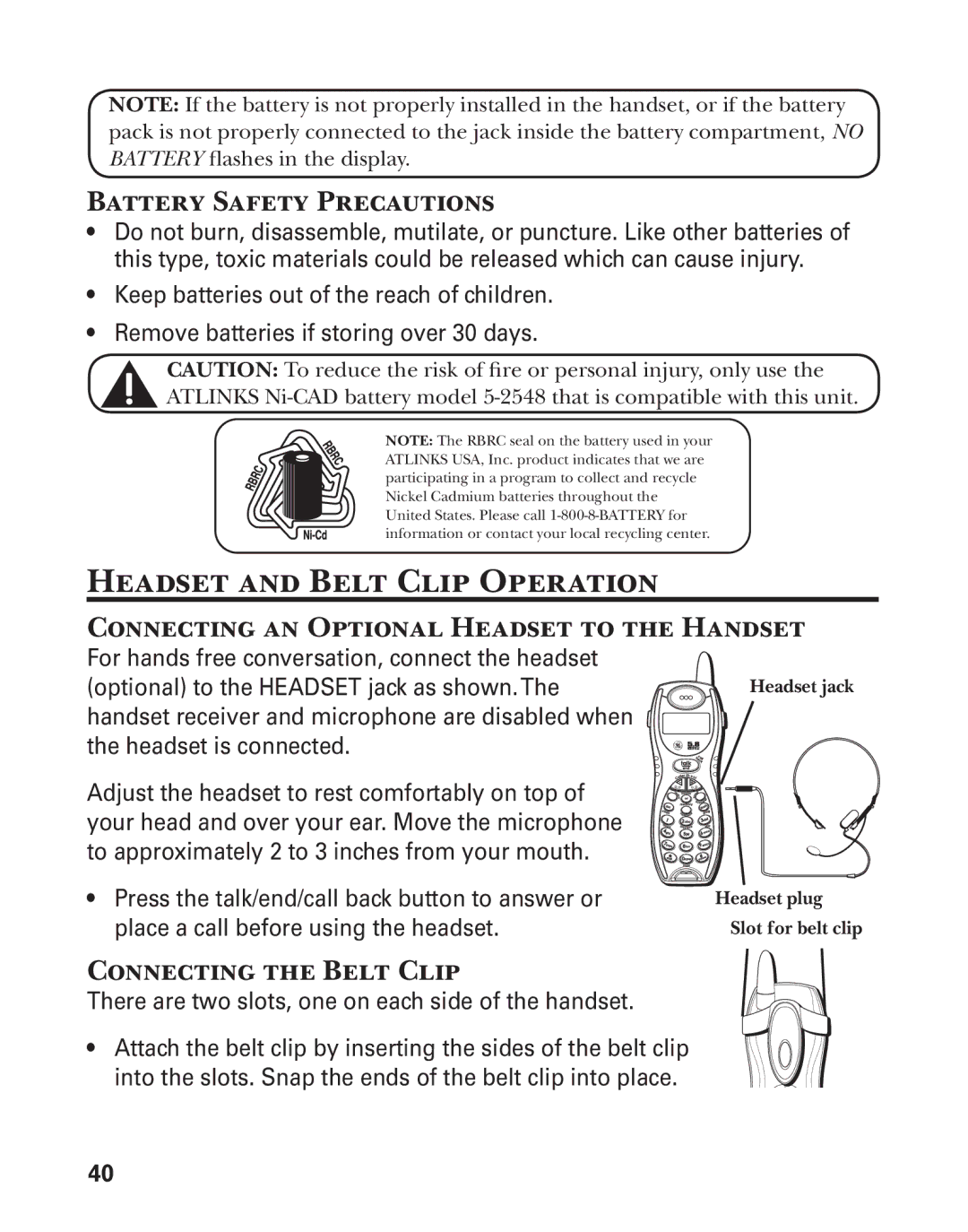 GE 25880 manual Headset and Belt Clip Operation, Battery Safety Precautions, Connecting an Optional Headset to the Handset 