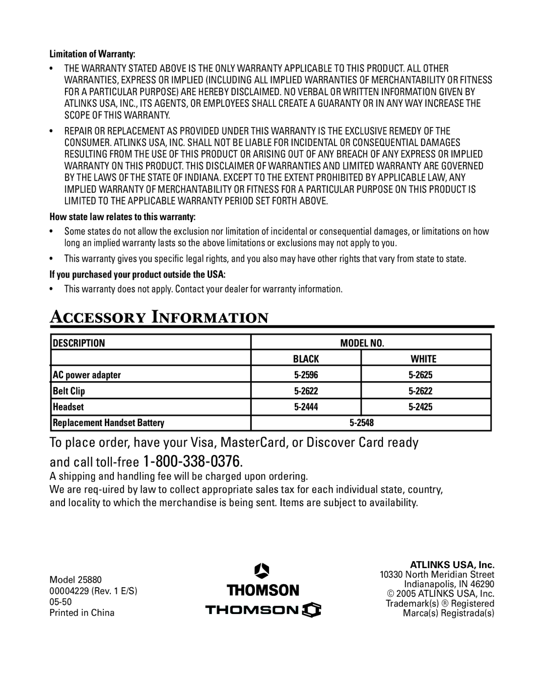 GE 25880 manual Accessory Information, Limitation of Warranty 