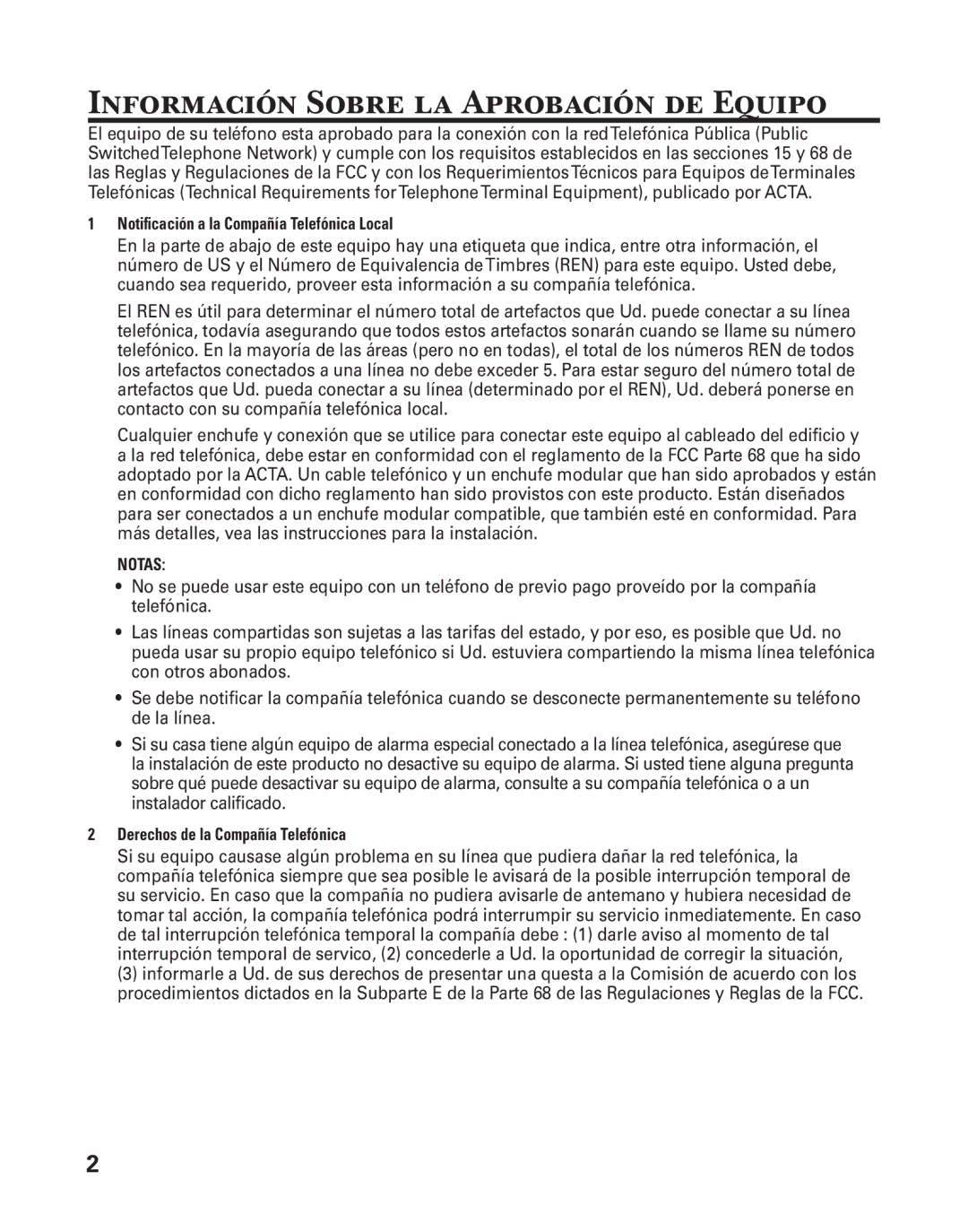 GE 25880 manual Información Sobre la Aprobación de Equipo, Notiﬁcación a la Compañía Telefónica Local 