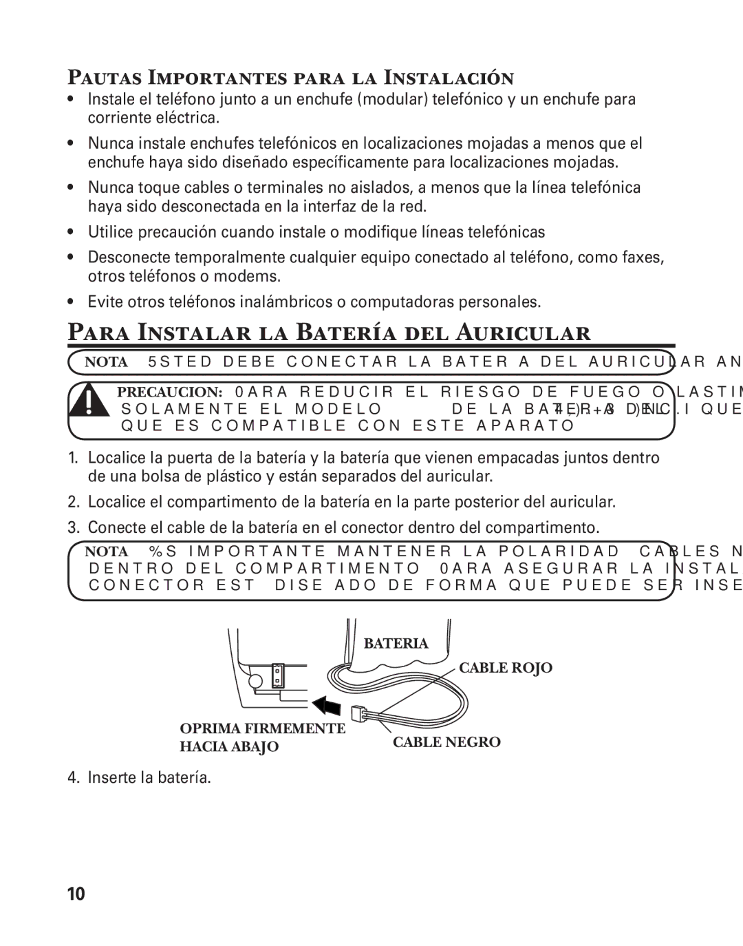 GE 25880 manual Para Instalar la Batería del Auricular, Pautas Importantes para la Instalación 