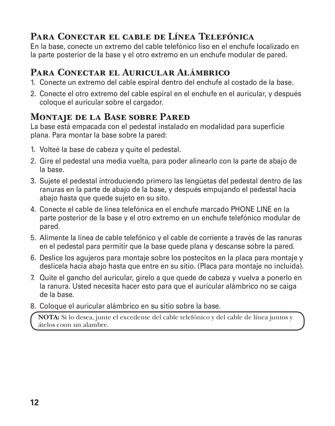 GE 25880 Para Conectar el cable de Línea Telefónica, Para Conectar el Auricular Alámbrico, Montaje de la Base sobre Pared 