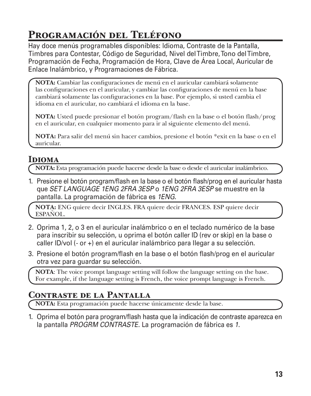 GE 25880 manual Programación del Teléfono, Idioma, Contraste de la Pantalla 