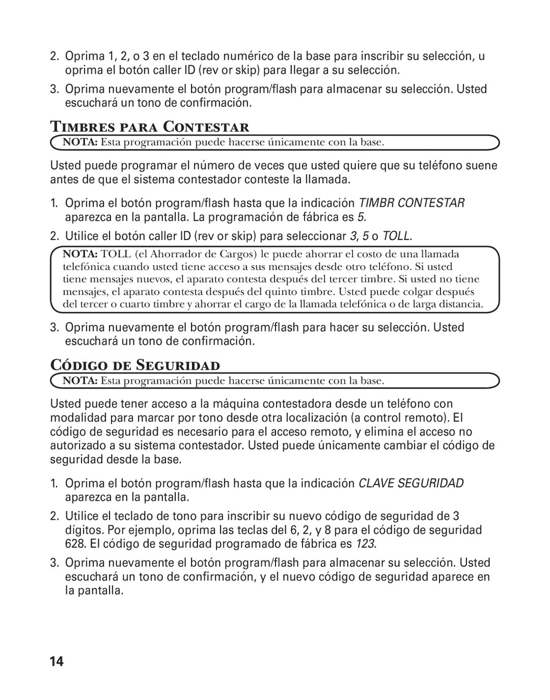 GE 25880 manual Timbres para Contestar, Código de Seguridad 