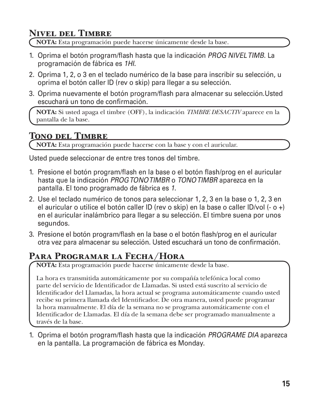 GE 25880 manual Nivel del Timbre, Tono del Timbre, Para Programar la Fecha/Hora 