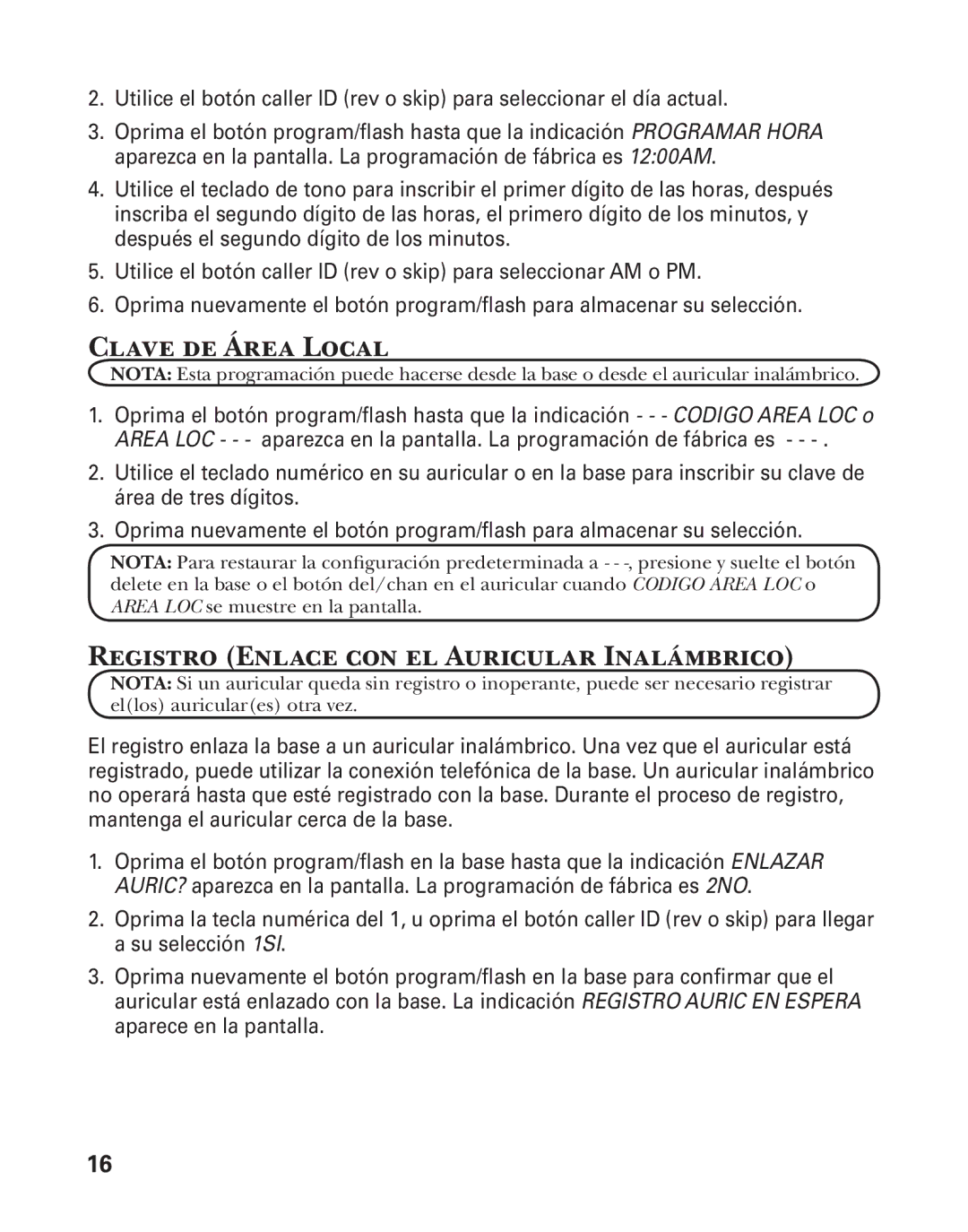 GE 25880 manual Clave de Área Local, Registro Enlace con el Auricular Inalámbrico 