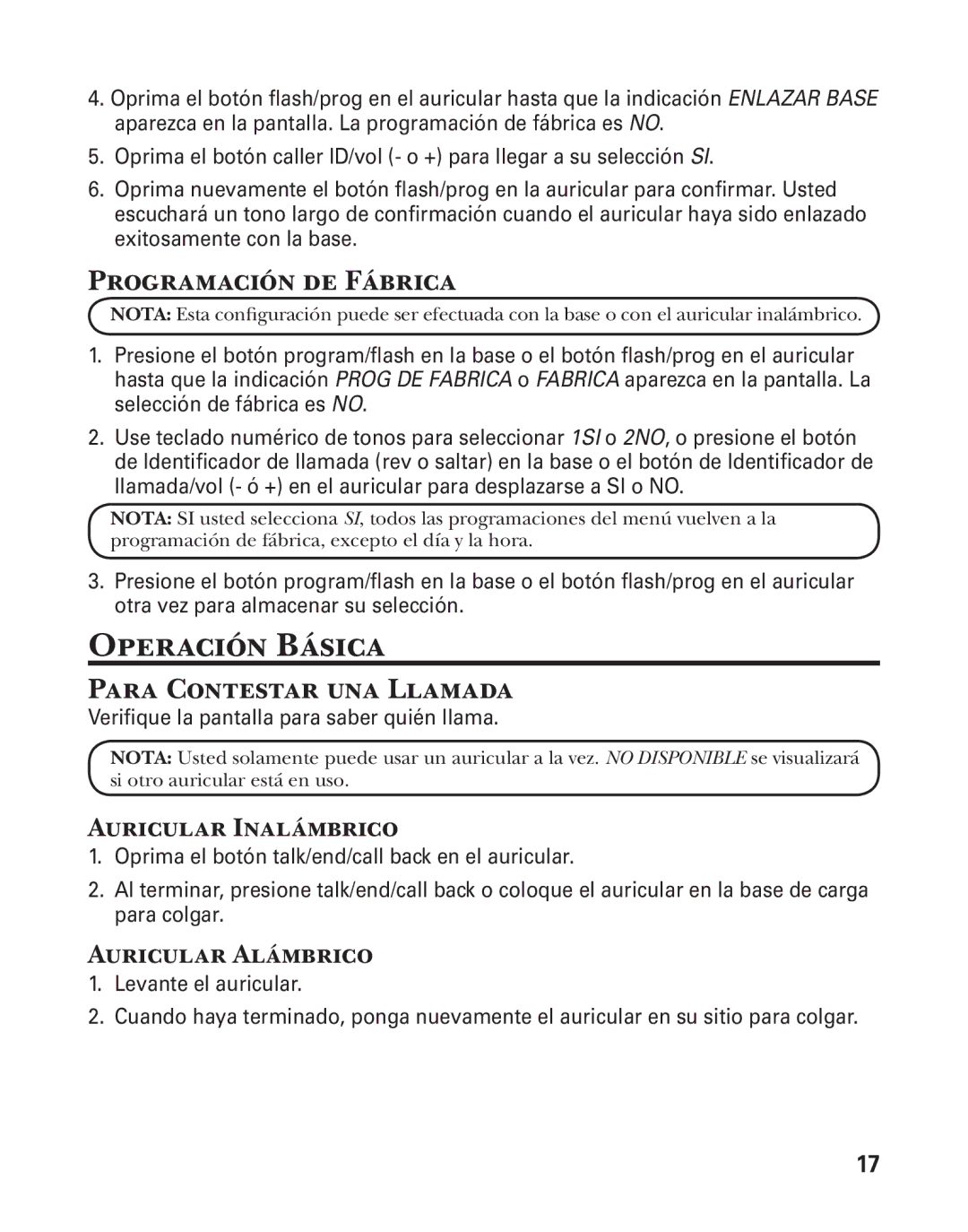 GE 25880 Operación Básica, Programación de Fábrica, Para Contestar una Llamada, Auricular Inalámbrico, Auricular Alámbrico 