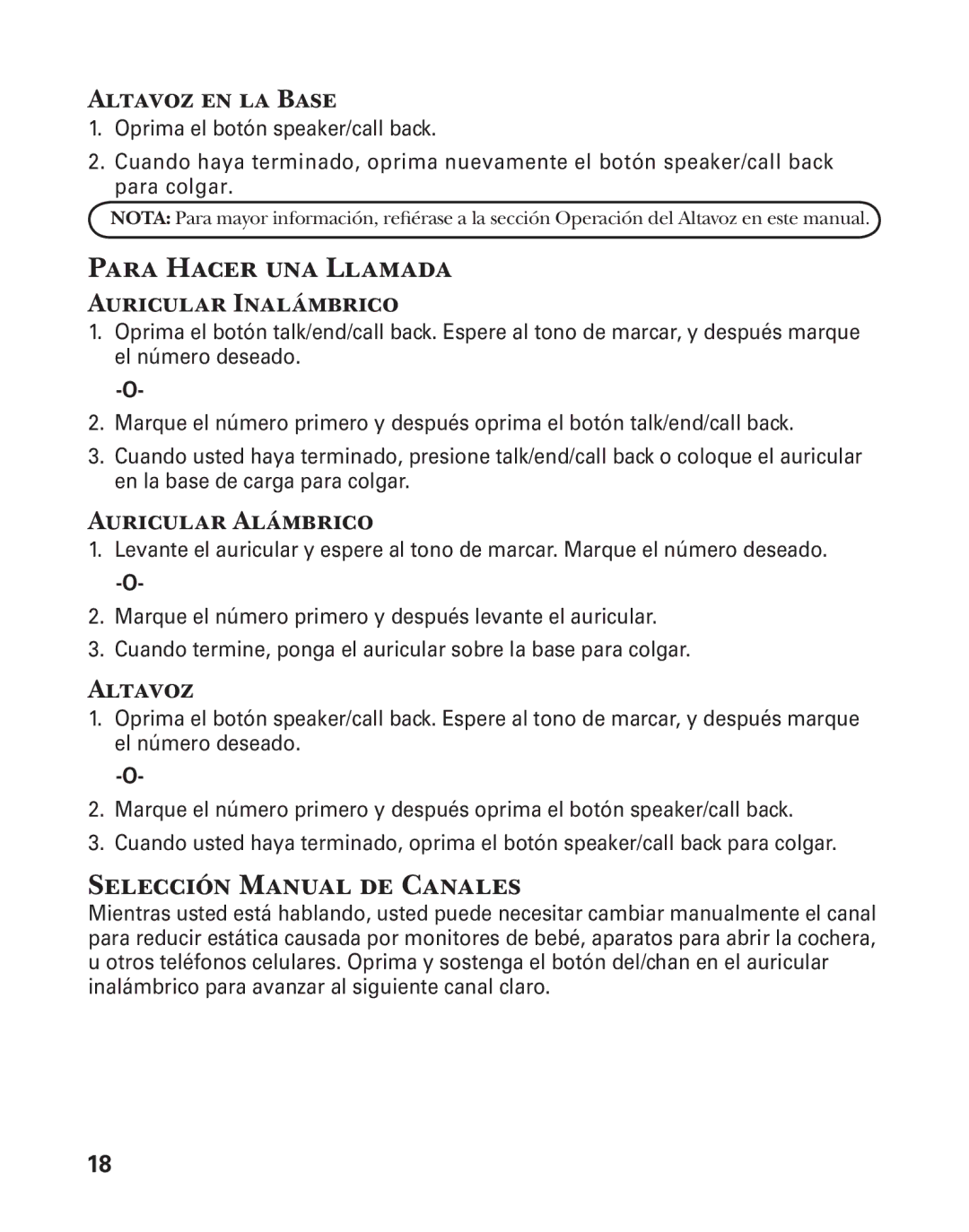 GE 25880 manual Para Hacer una Llamada, Selección Manual de Canales, Altavoz en la Base 