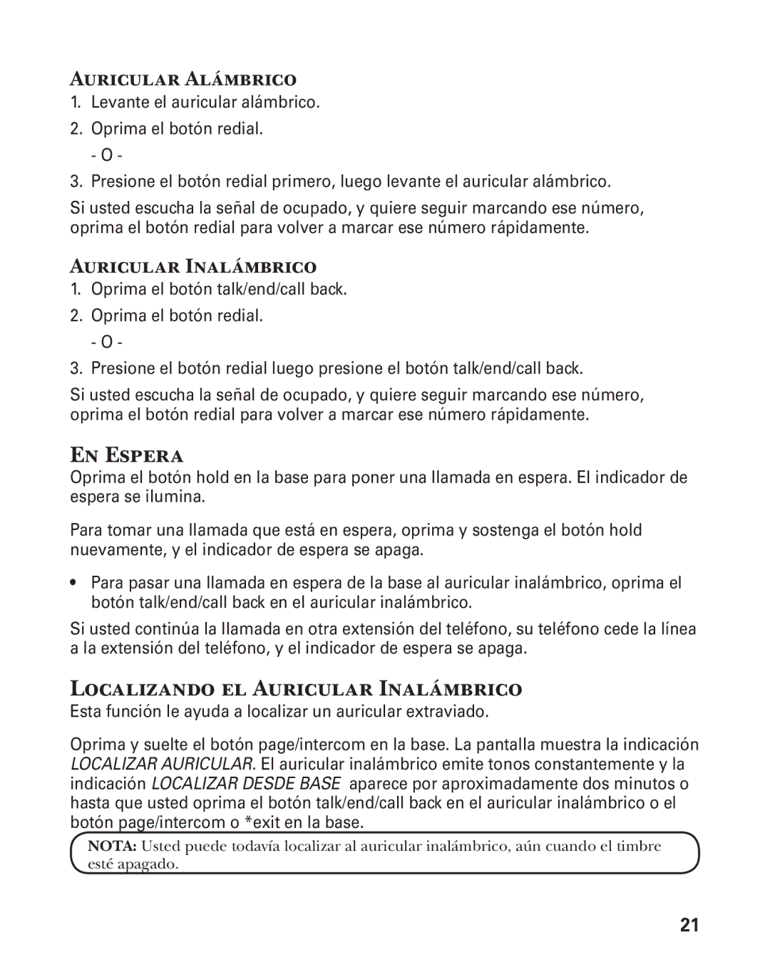 GE 25880 manual En Espera, Localizando el Auricular Inalámbrico 