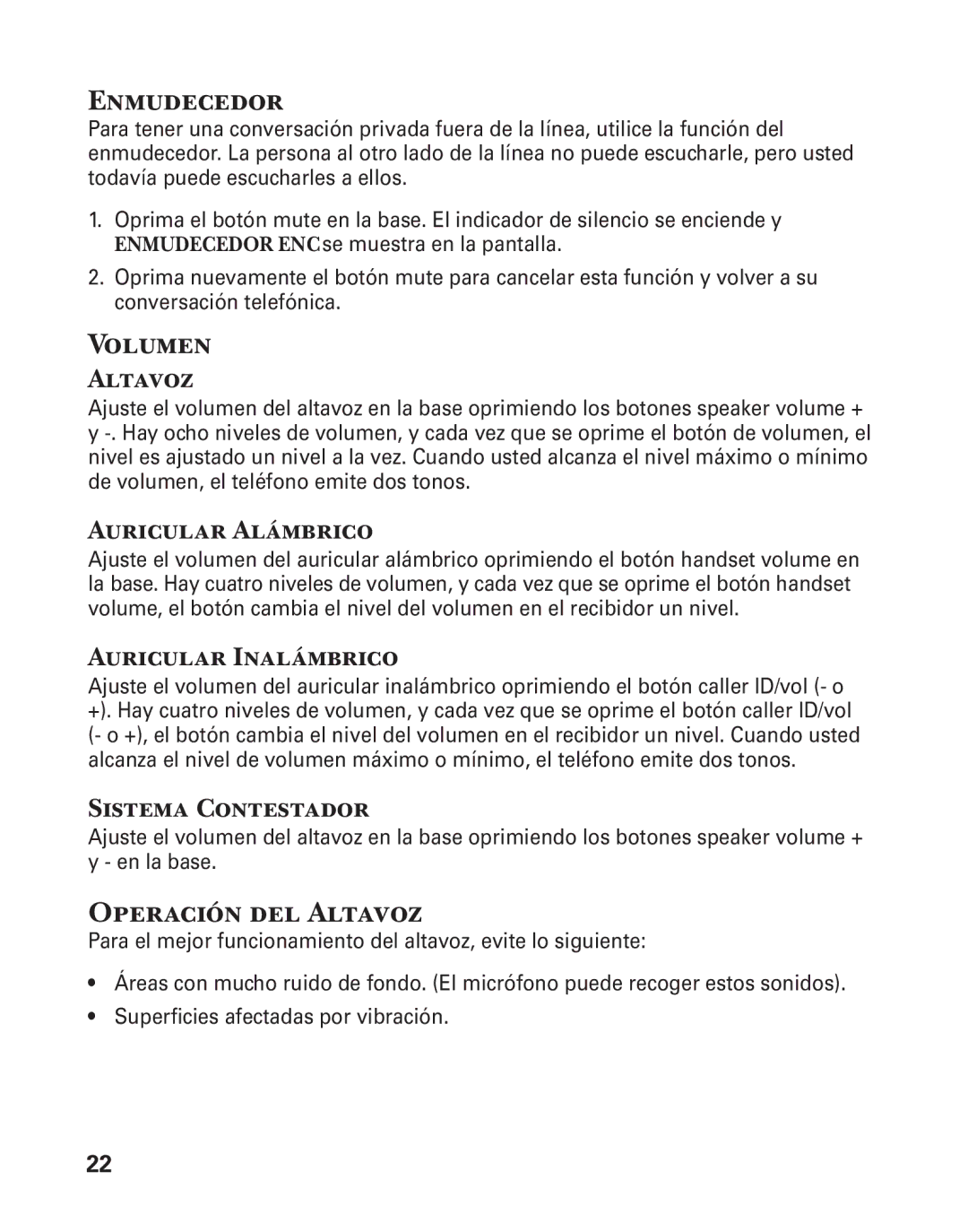 GE 25880 manual Enmudecedor, Volumen, Operación del Altavoz, Sistema Contestador 