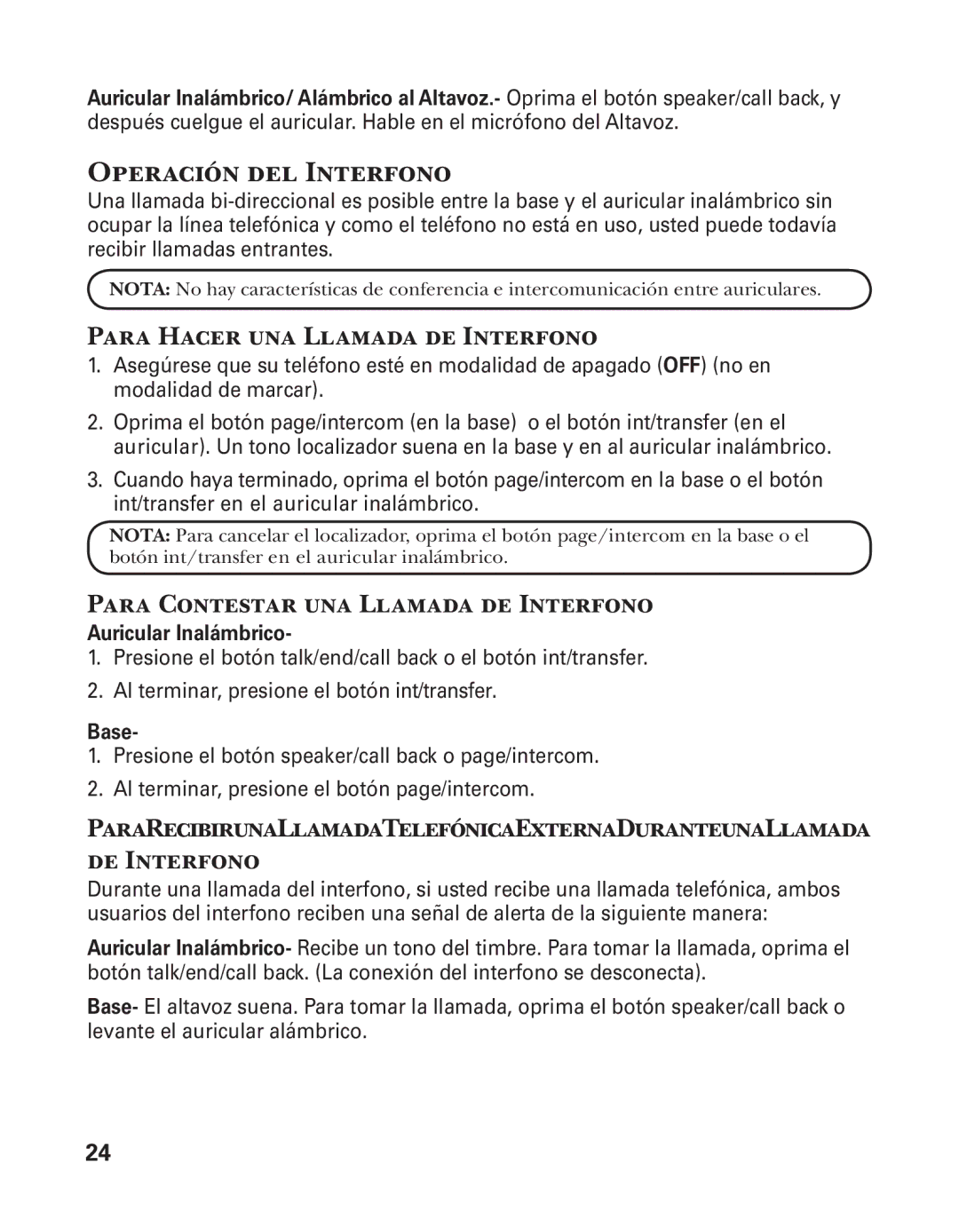 GE 25880 manual Operación del Interfono, Para Hacer una Llamada de Interfono, Para Contestar una Llamada de Interfono 