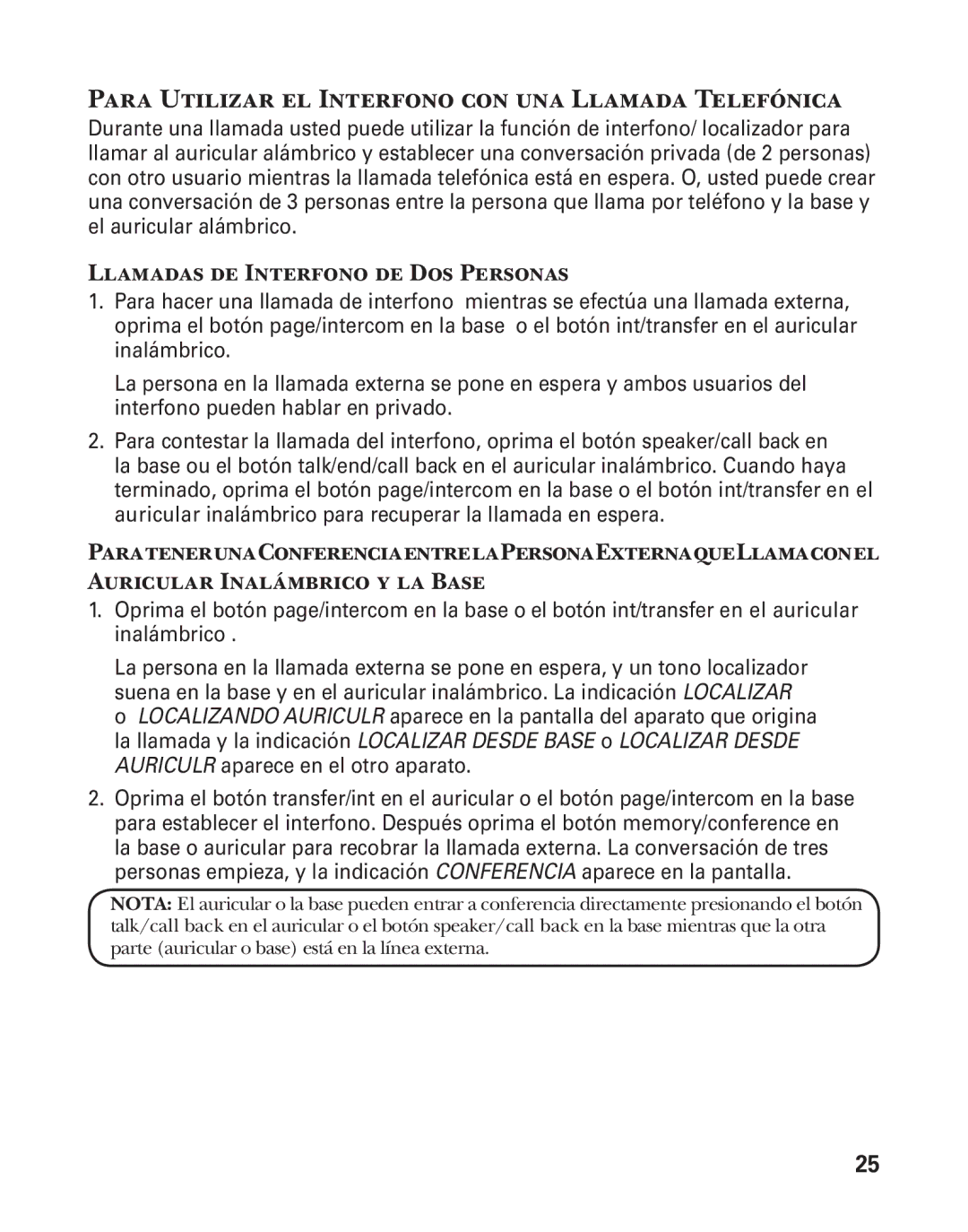 GE 25880 manual Para Utilizar el Interfono con una Llamada Telefónica, Llamadas de Interfono de Dos Personas 