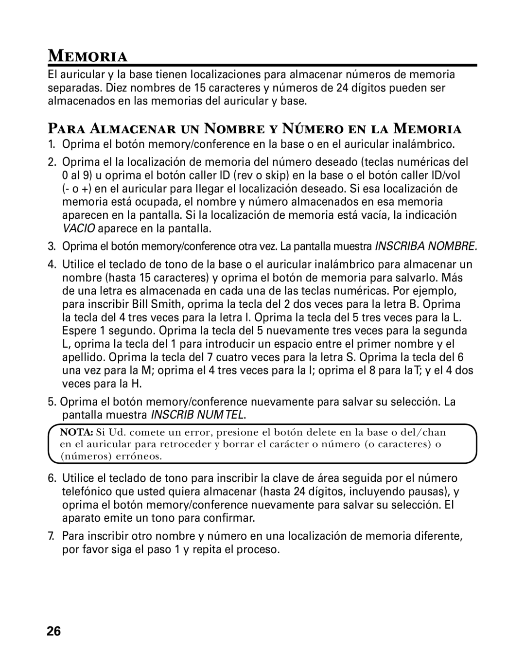 GE 25880 manual Para Almacenar un Nombre y Número en la Memoria 