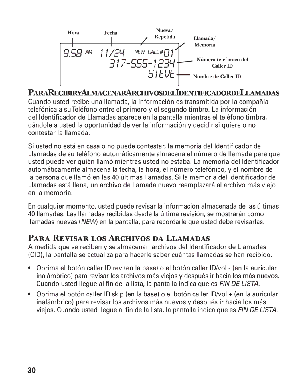 GE 25880 manual ParaRecibiryAlmacenarArchivosdelIdentificadordeLlamadas, Para Revisar los Archivos da Llamadas 