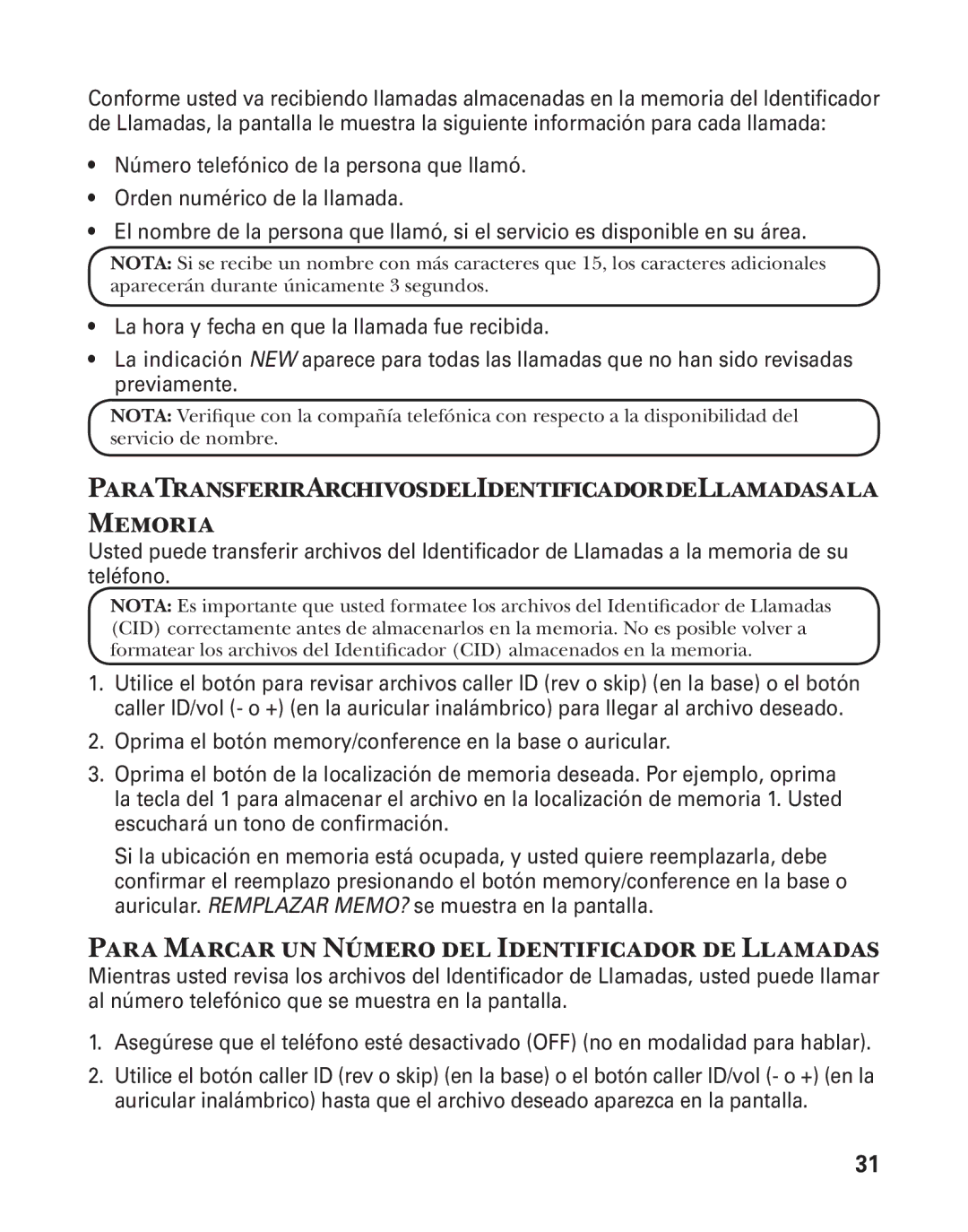 GE 25880 ParaTransferirArchivosdelIdentificadordeLlamadasala Memoria, Para Marcar un Número del Identificador de Llamadas 