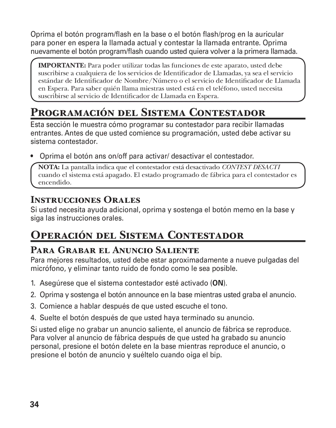 GE 25880 manual Programación del Sistema Contestador, Operación del Sistema Contestador, Instrucciones Orales 