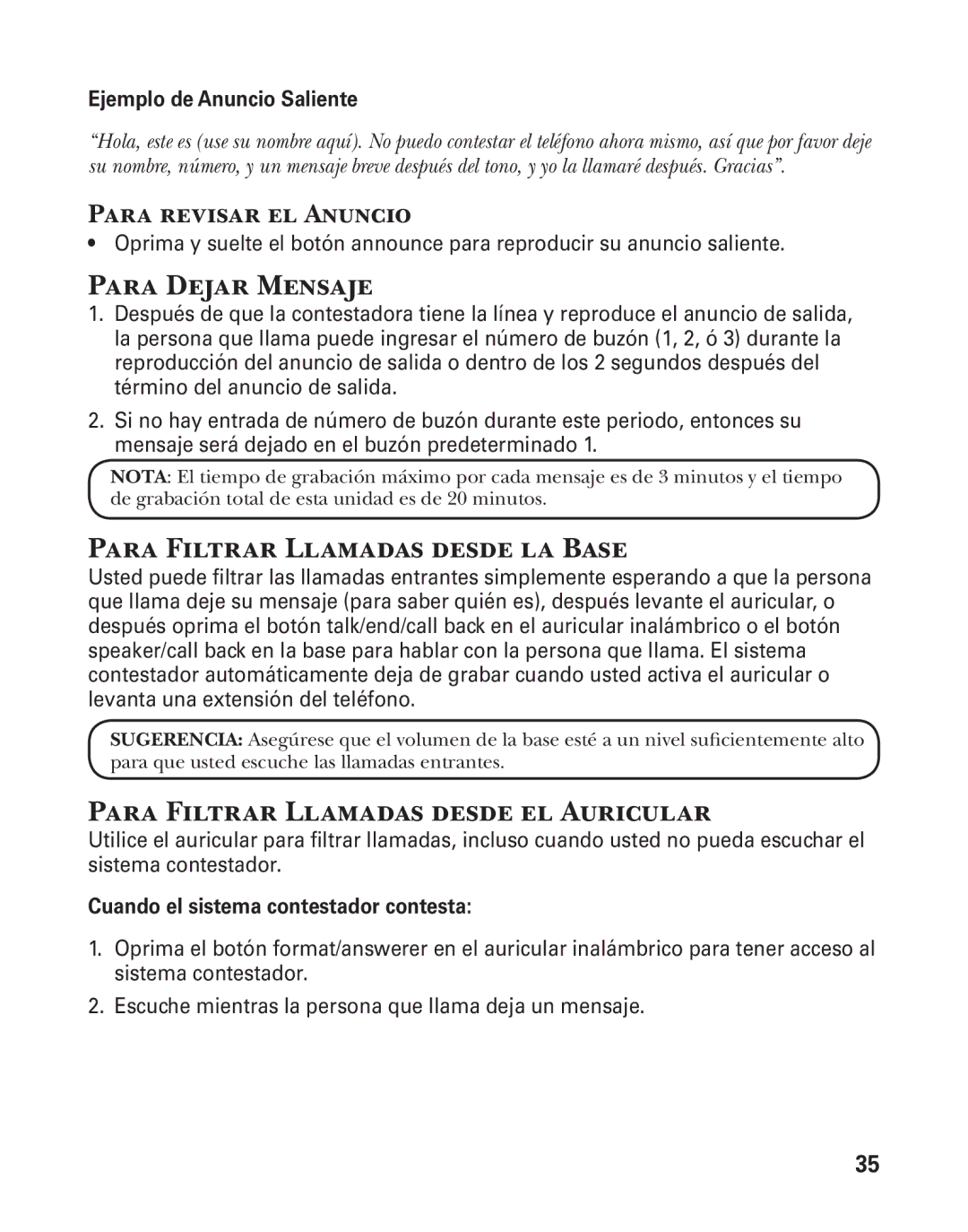 GE 25880 manual Para Dejar Mensaje, Para Filtrar Llamadas desde la Base, Para Filtrar Llamadas desde el Auricular 