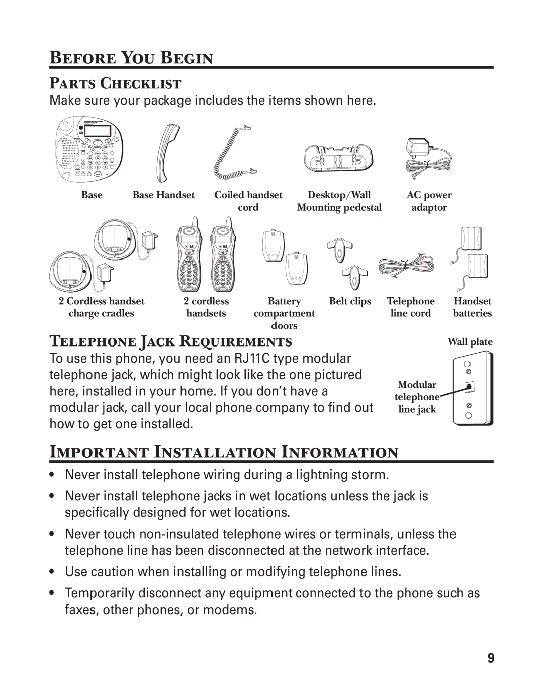 GE 25880 manual Before You Begin, Important Installation Information, Parts Checklist, Telephone Jack Requirements 