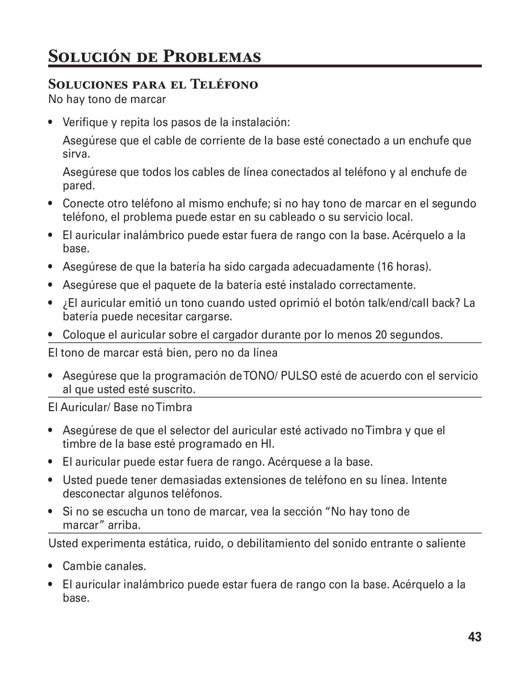 GE 25880 manual Solución de Problemas, Soluciones para el Teléfono 