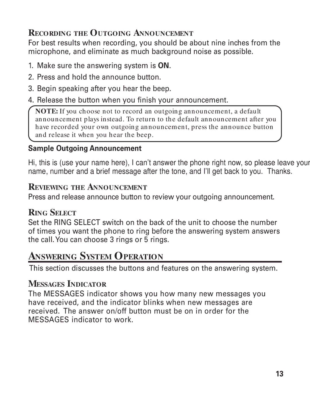 GE 25893 manual Sample Outgoing Announcement, Answering System Operation 