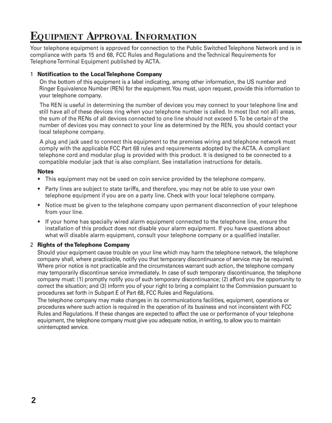 GE 25893 manual Equipment Approval Information, Notification to the Local Telephone Company 